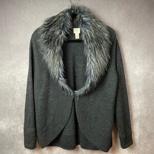 Chico's Cardigan Womens 2 Large 100% Wool Gray Faux Fur Collar Long Sleeves Chic